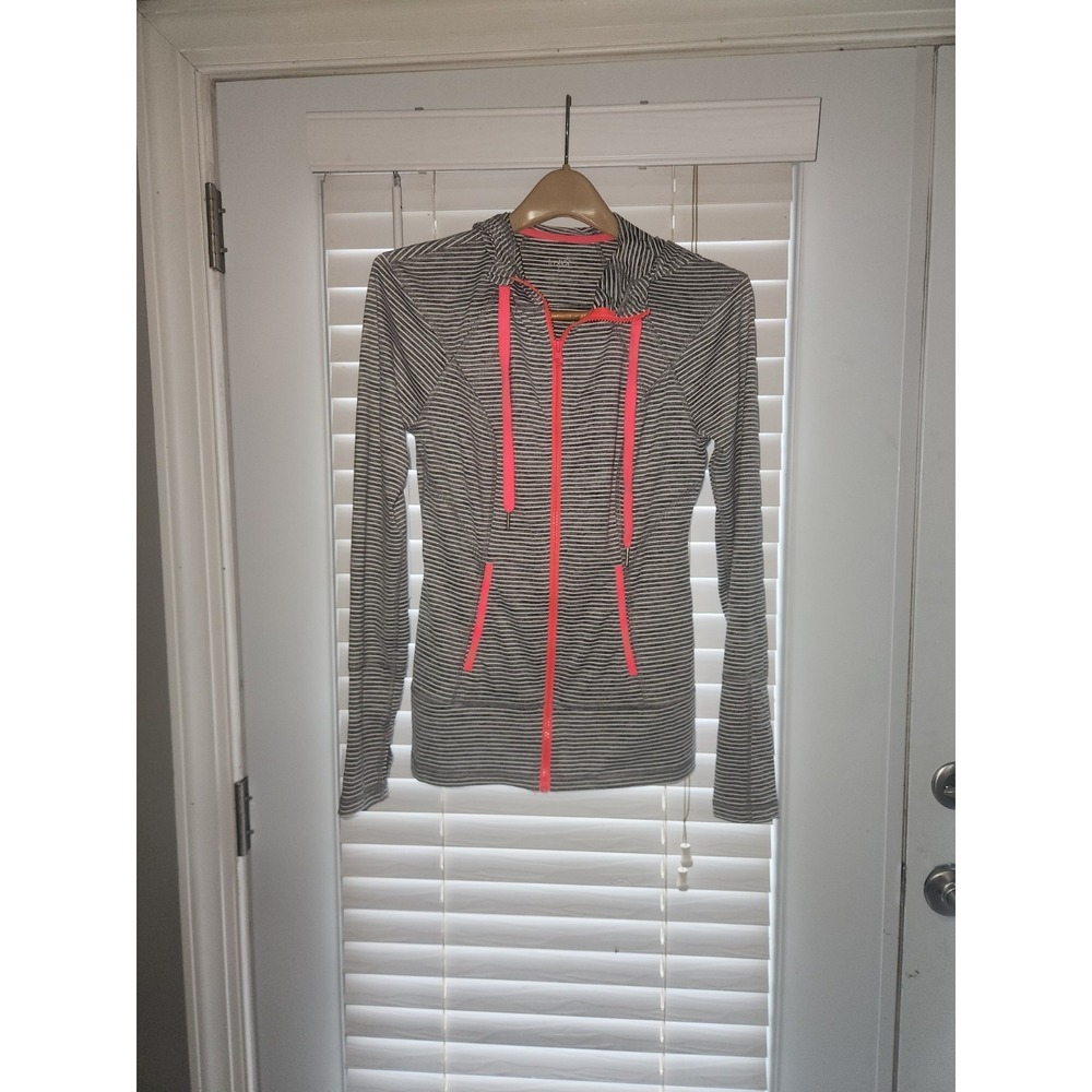 Gray & white striped Lukka full-zip athletic jacket vibrant pink trim. Womens S